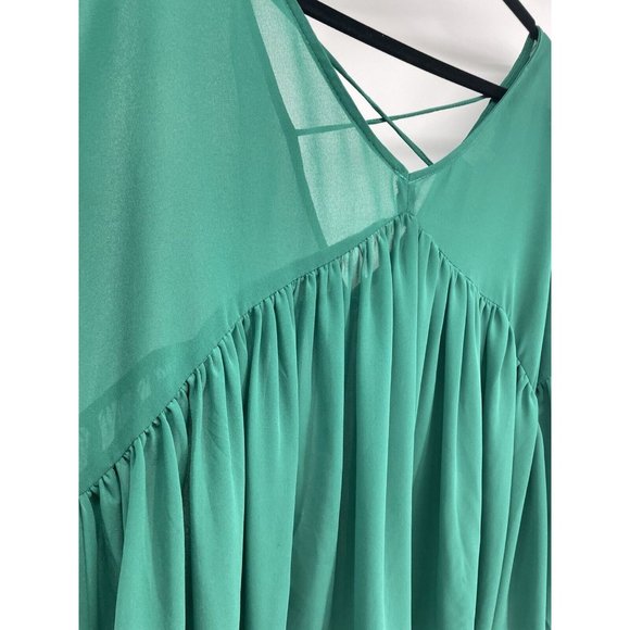 Umgee Women’s Top Medium Baby Doll Open Cross Cross Back‎ Balloon Sleeve Green - Picture 4 of 13